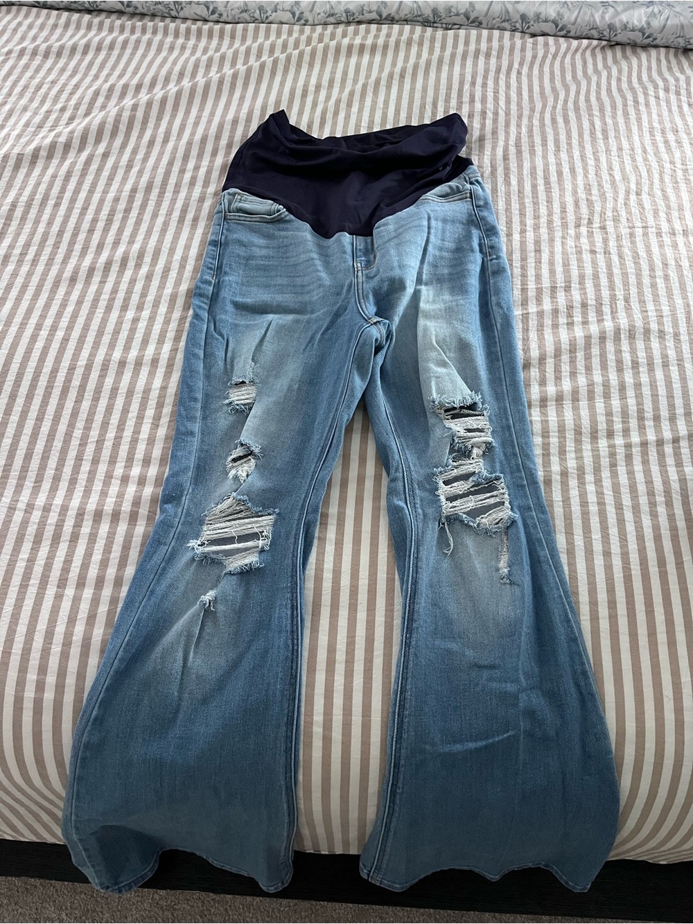 Pinkblush Light Blue Distressed Maternity Flare Jeans with Dark Blue Waist Panel